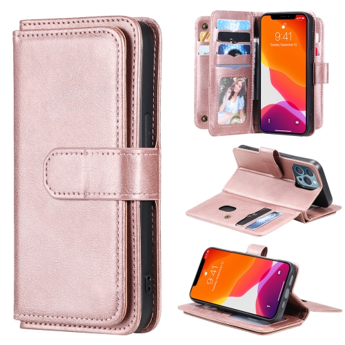 

Multifunctional Magnetic Copper Buckle Horizontal Flip Solid Color Leather Case with 10 Card Slots & Wallet & Holder & Photo Frame For iPhone 13 Pro(Rose Gold)