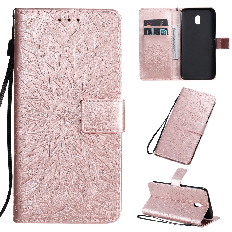 

For Xiaomi Redmi 8A Pressed Printing Sunflower Pattern Horizontal Flip PU Leather Case with Holder & Card Slots & Wallet & Lanyard(Rose Gold)