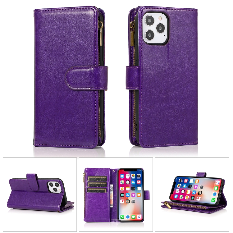 

Multifunctional Crazy Horse Texture Horizontal Flip Leather Case with 9 Card Slot & Holder & Zipper Wallet & Lanyard For iPhone 13 Pro(Purple)