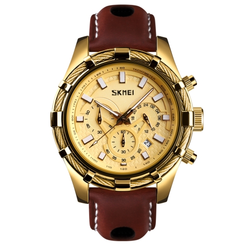 

SKMEI 9189 Men Three-eye Six-pin Dial Calendar Timing Quartz Watch(Gold)