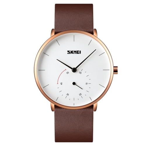 

SKMEI 9213 Simple Dcale Stopwatch Dial Leather Strap Quartz Watch(Rose Gold White)