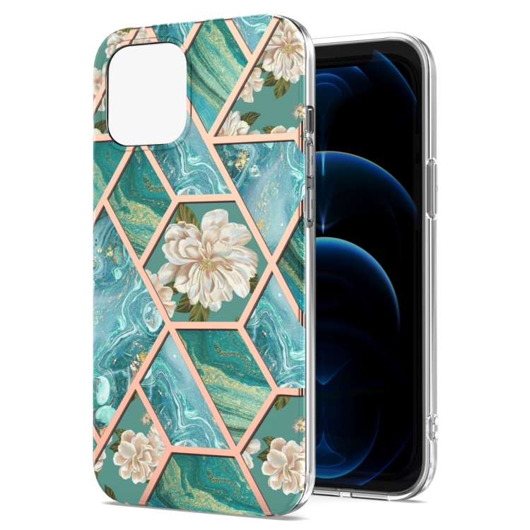 

Electroplating Splicing Marble Flower Pattern TPU Shockproof Case For iPhone 13 Pro(Blue Flower)