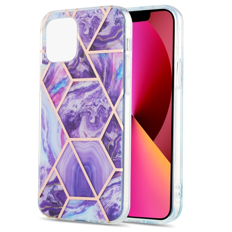 

Electroplating Splicing Marble Flower Pattern Dual-side IMD TPU Shockproof Case For iPhone 13(Dark Purple)