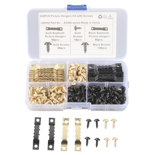 

A6300 300 in 1 RV High-bow Double-sided Serrated Hanger Hooks with Self-tapping Screws(Gold + Black)