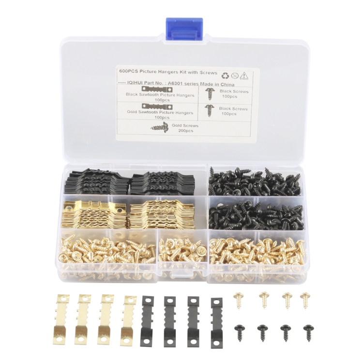 

A6301 600 in 1 RV High-bow Double-sided Serrated Hanger Hooks with Self-tapping Screws(Gold + Black)