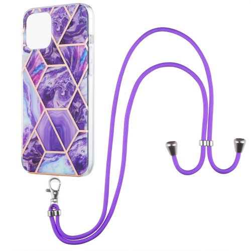 

Electroplating Splicing Marble Pattern Dual-side IMD TPU Shockproof Case with Neck Lanyard For iPhone 13(Dark Purple)