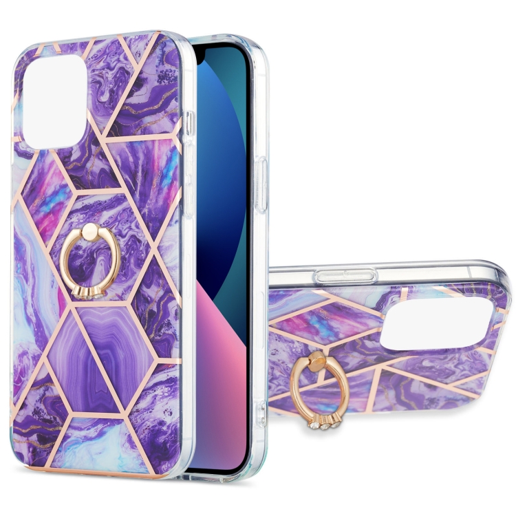 

Electroplating Splicing Marble Pattern Dual-side IMD TPU Shockproof Case with Ring Holder For iPhone 13 mini(Dark Purple)