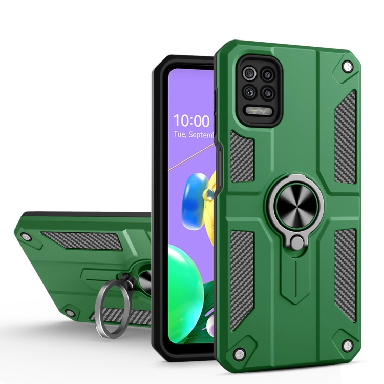 

For LG K52 Carbon Fiber Pattern PC + TPU Protective Case with Ring Holder(Green)