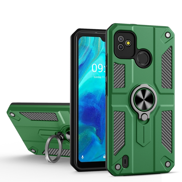 

For Tecno Pop 5 Carbon Fiber Pattern PC + TPU Protective Case with Ring Holder(Green)