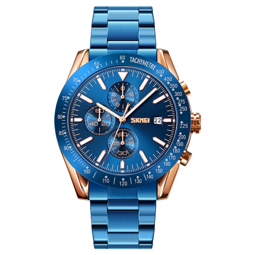 

SKMEI 9253 Men Stopwatch Date Six Pin Stainless Steel Strap Quartz Watch(Gold Blue)
