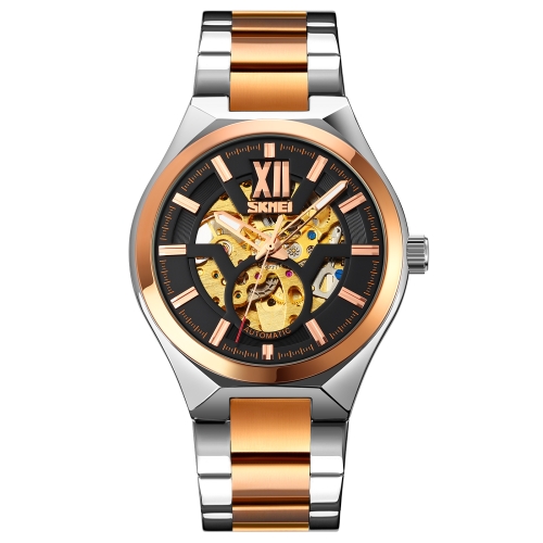 

SKMEI 9258 Men Two-color Stainless Steel Strap Automatic Mechanical Watch(Middle Rose Gold Shell Black Surface)