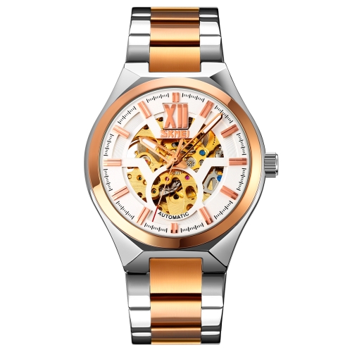 

SKMEI 9258 Men Two-color Stainless Steel Strap Automatic Mechanical Watch(Middle Rose Gold Shell Silver Surface)