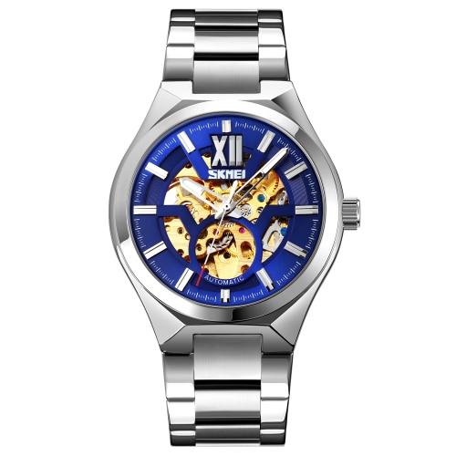 

SKMEI 9258 Men Two-color Stainless Steel Strap Automatic Mechanical Watch(Silver Shell Blue Surface)