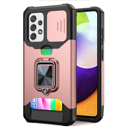 

For Samsung Galaxy A52 Sliding Camera Cover Design PC + TPU Shockproof Case with Ring Holder & Card Slot(Rose Gold)