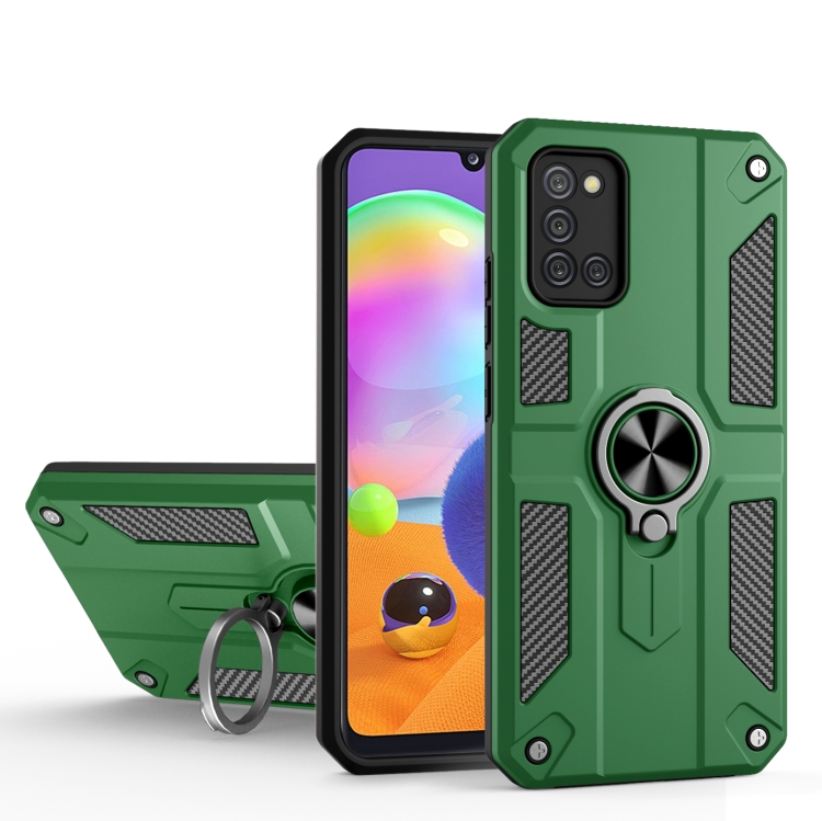 

For Samsung Galaxy A31 Carbon Fiber Pattern PC + TPU Protective Case with Ring Holder(Green)
