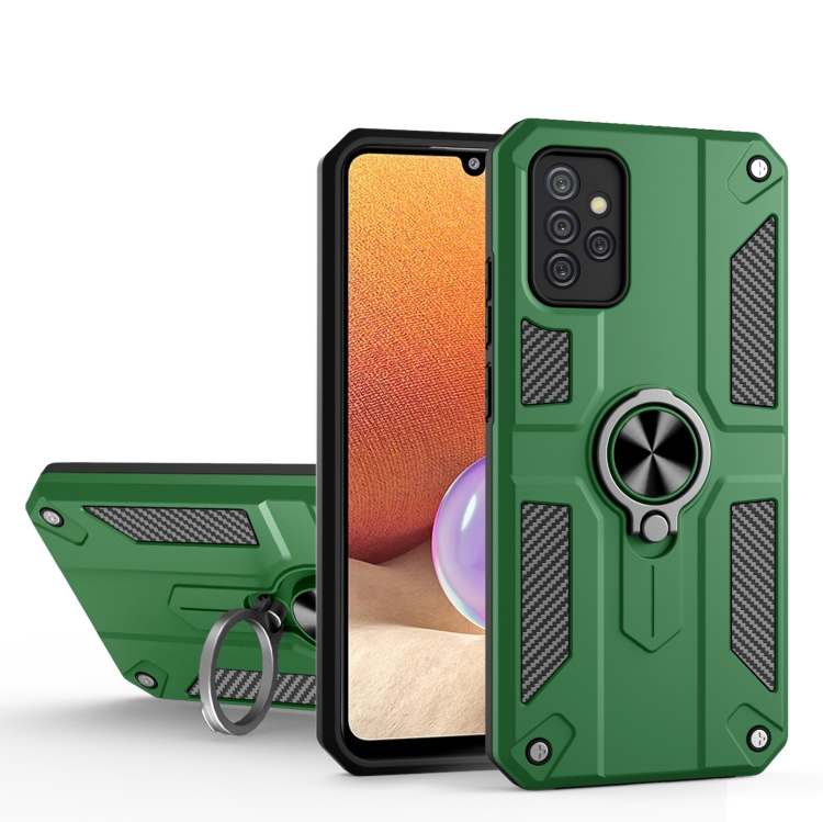 

For Samsung Galaxy A32 4G Carbon Fiber Pattern PC + TPU Protective Case with Ring Holder(Green)