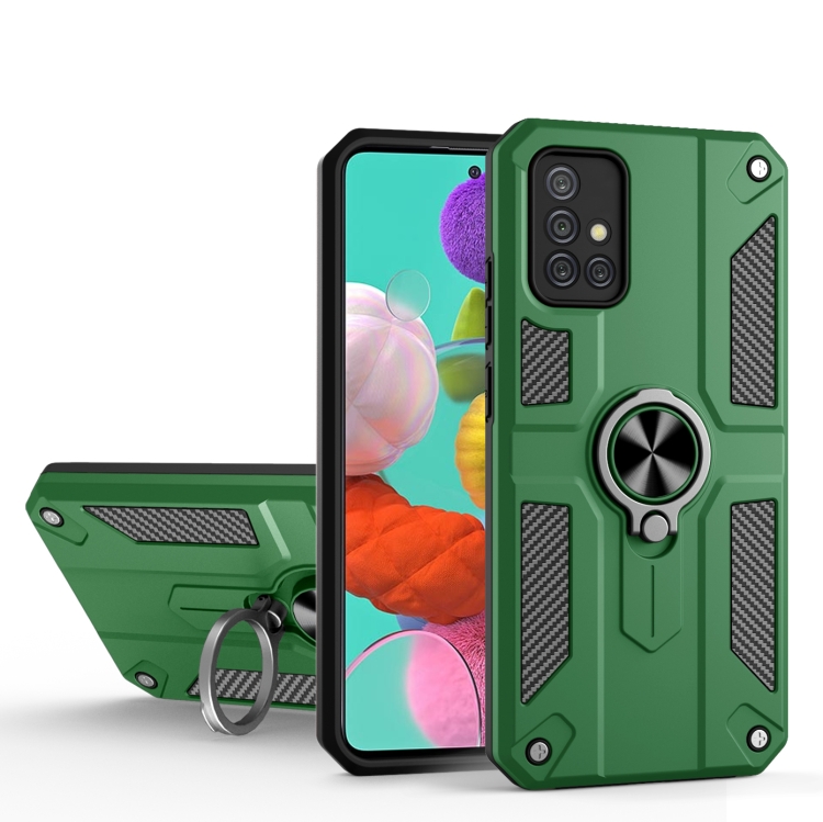 

For Samsung Galaxy A51 4G Carbon Fiber Pattern PC + TPU Protective Case with Ring Holder(Green)