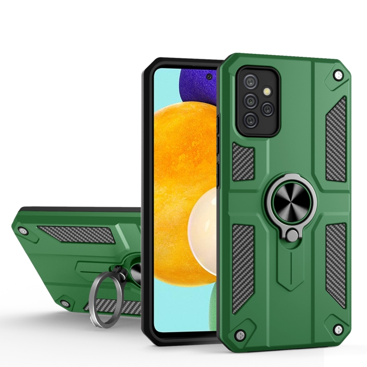 

For Samsung Galaxy A72 5G Carbon Fiber Pattern PC + TPU Protective Case with Ring Holder(Green)