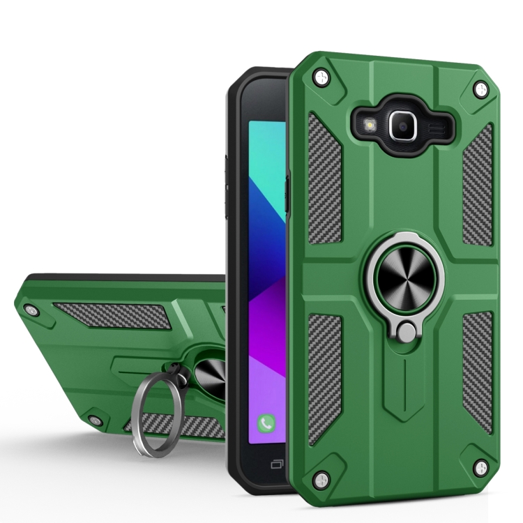 

For Samsung Galaxy J7 Carbon Fiber Pattern PC + TPU Protective Case with Ring Holder(Green)