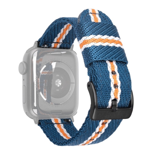 

Nylon Braid Black Buckle Replacement Strap Watchband For Apple Watch Series 7 45mm / 6 & SE & 5 & 4 44mm / 3 & 2 & 1 42mm(Blue White Yellow)