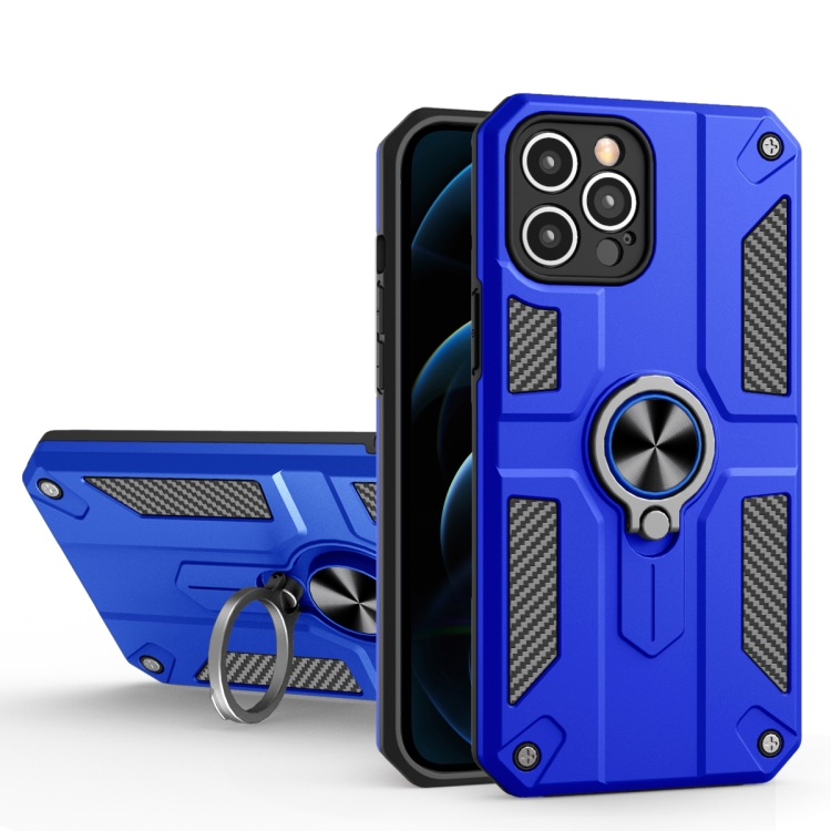 

Carbon Fiber Pattern PC + TPU Protective Case with Ring Holder For iPhone 12 Pro Max(Dark Blue)