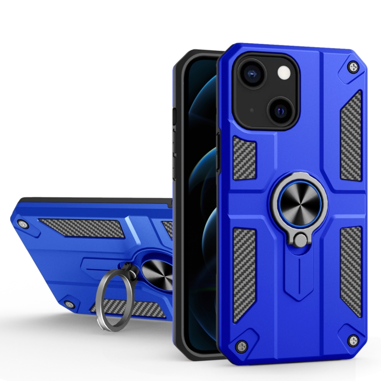 

Carbon Fiber Pattern PC + TPU Protective Case with Ring Holder For iPhone 13(Dark Blue)