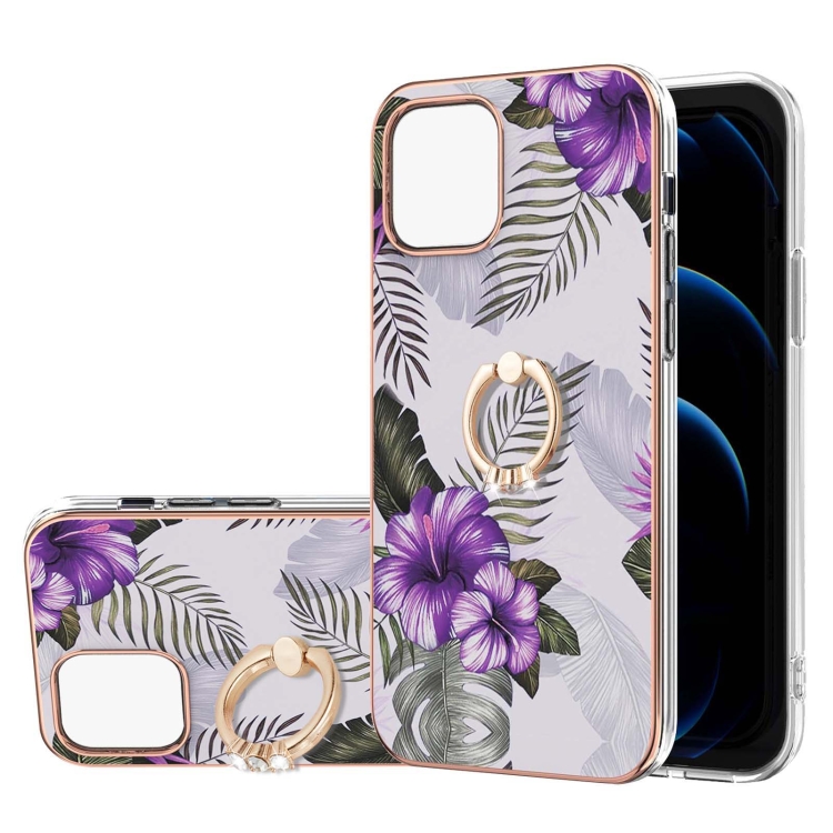 

Electroplating Pattern IMD TPU Shockproof Case with Rhinestone Ring Holder For iPhone 13 mini(Purple Flower)