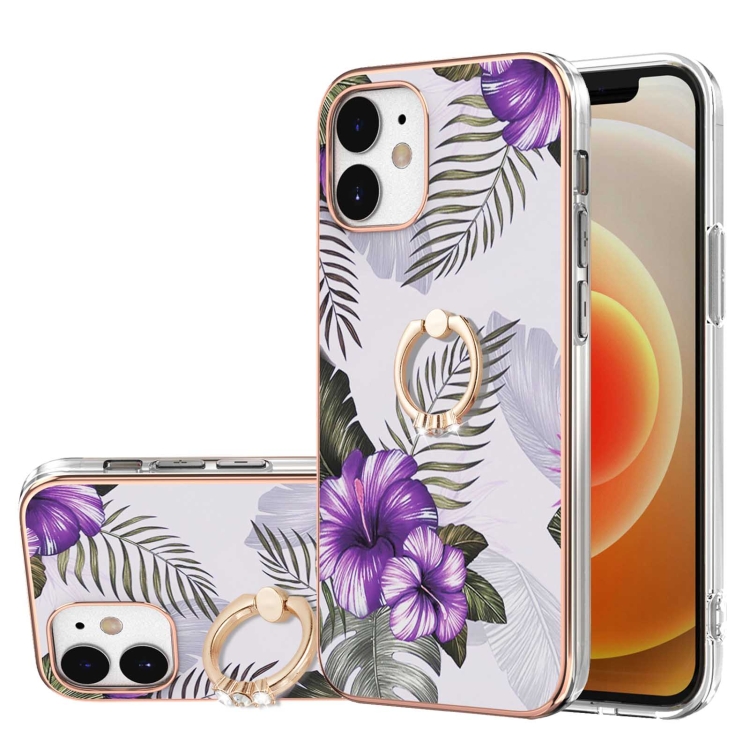 

Electroplating Pattern IMD TPU Shockproof Case with Rhinestone Ring Holder For iPhone 12 mini(Purple Flower)