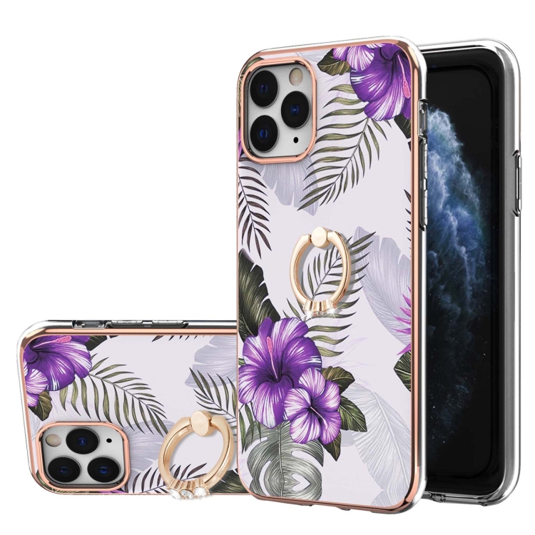 

Electroplating Pattern IMD TPU Shockproof Case with Rhinestone Ring Holder For iPhone 11 Pro(Purple Flower)