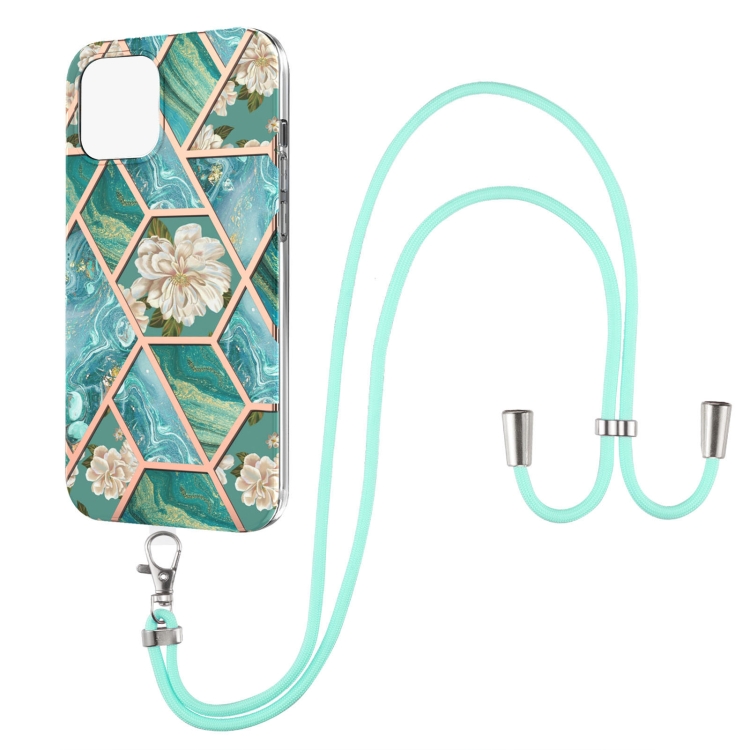 

Electroplating Splicing Marble Flower Pattern TPU Shockproof Case with Lanyard For iPhone 13 mini(Blue Flower)