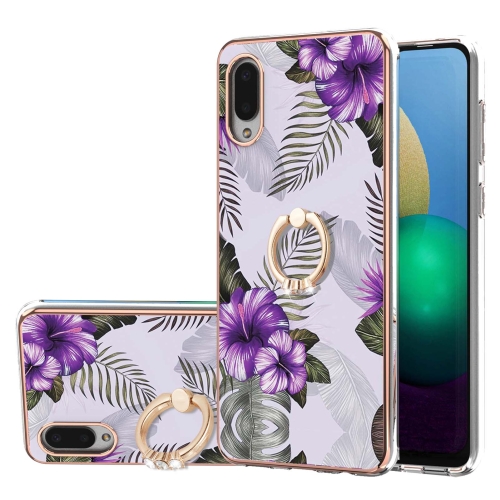

For Samsung Galaxy A02/M02 Electroplating Pattern IMD TPU Shockproof Case with Rhinestone Ring Holder(Purple Flower)