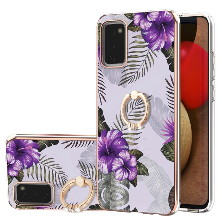 

For Samsung Galaxy A02s 164mm Electroplating Pattern IMD TPU Shockproof Case with Rhinestone Ring Holder(Purple Flower)