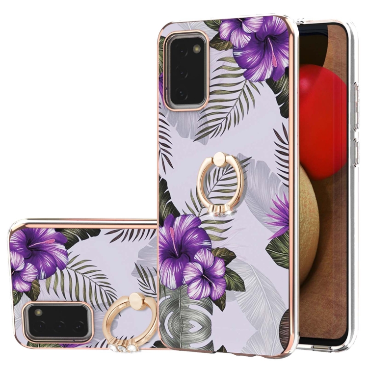 

For Samsung Galaxy A02s 166mm Electroplating Pattern IMD TPU Shockproof Case with Rhinestone Ring Holder(Purple Flower)