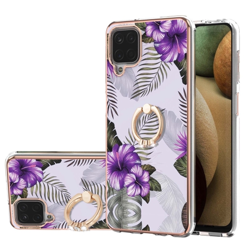 

For Samsung Galaxy A12/M12/F12 Electroplating Pattern IMD TPU Shockproof Case with Rhinestone Ring Holder(Purple Flower)