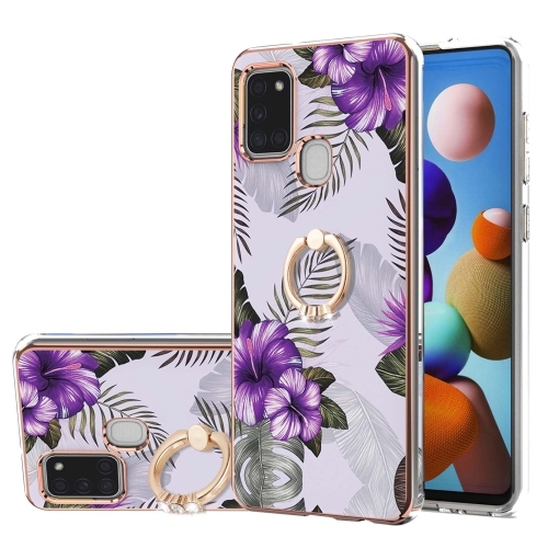 

For Samsung Galaxy A21s Electroplating Pattern IMD TPU Shockproof Case with Rhinestone Ring Holder(Purple Flower)