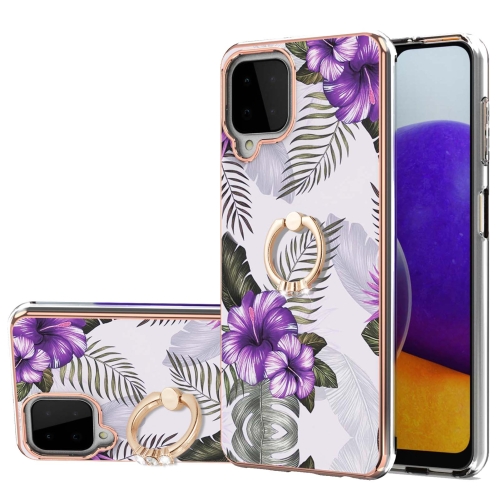 

For Samsung Galaxy A22 4G EU Version/M32 Global Version Electroplating Pattern IMD TPU Shockproof Case with Rhinestone Ring Holder(Purple Flower)