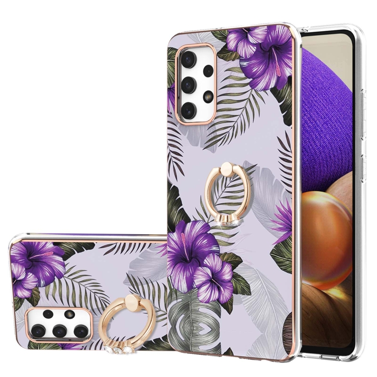 

For Samsung Galaxy A32 4G EU Version Electroplating Pattern IMD TPU Shockproof Case with Rhinestone Ring Holder(Purple Flower)