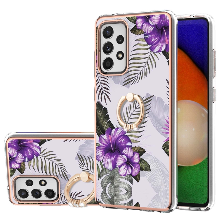 

For Samsung Galaxy A52 4G/5G Electroplating Pattern IMD TPU Shockproof Case with Rhinestone Ring Holder(Purple Flower)