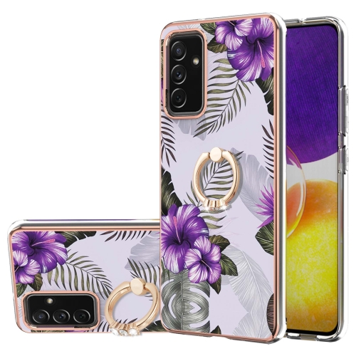 

For Samsung Galaxy A82 5G Electroplating Pattern IMD TPU Shockproof Case with Rhinestone Ring Holder(Purple Flower)