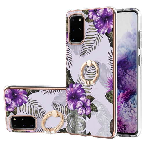 

For Samsung Galaxy S20+ Electroplating Pattern IMD TPU Shockproof Case with Rhinestone Ring Holder(Purple Flower)