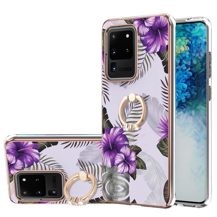 

For Samsung Galaxy S20 Ultra Electroplating Pattern IMD TPU Shockproof Case with Rhinestone Ring Holder(Purple Flower)