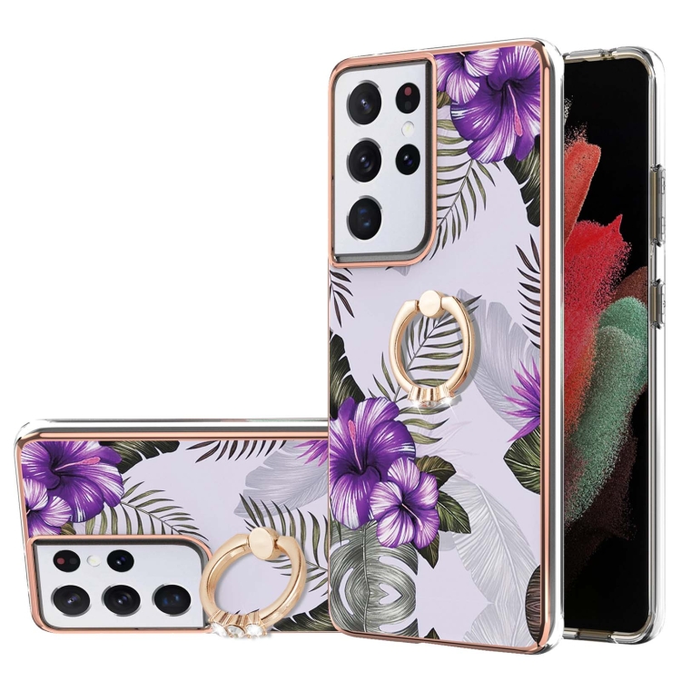 

For Samsung Galaxy S21 Ultra 5G Electroplating Pattern IMD TPU Shockproof Case with Rhinestone Ring Holder(Purple Flower)