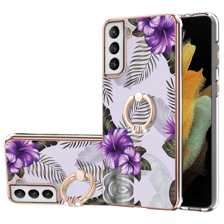 

For Samsung Galaxy S21+ 5G Electroplating Pattern IMD TPU Shockproof Case with Rhinestone Ring Holder(Purple Flower)