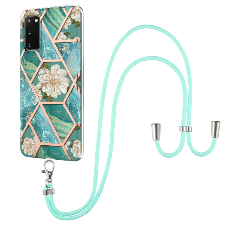 

For Samsung Galaxy S20 Electroplating Splicing Marble Flower Pattern TPU Shockproof Case with Lanyard(Blue Flower)