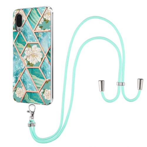 

For Samsung Galaxy A02 / M02 Electroplating Splicing Marble Flower Pattern TPU Shockproof Case with Lanyard(Blue Flower)