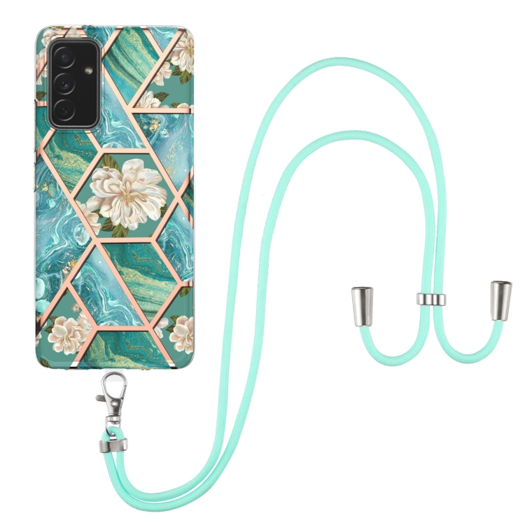 

For Samsung Galaxy A82 5G Electroplating Splicing Marble Flower Pattern TPU Shockproof Case with Lanyard(Blue Flower)