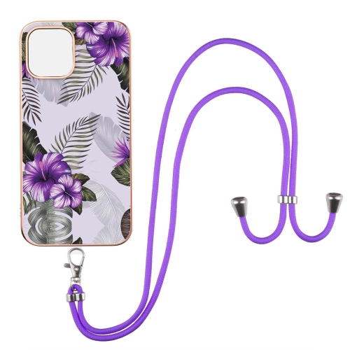 

Electroplating Pattern IMD TPU Shockproof Case with Neck Lanyard For iPhone 13 Pro(Purple Flower)