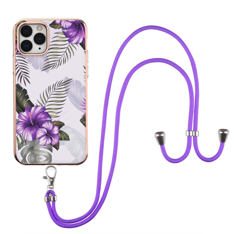 

Electroplating Pattern IMD TPU Shockproof Case with Neck Lanyard For iPhone 11 Pro Max(Purple Flower)