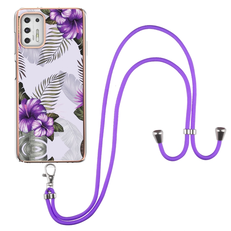 

For Motorola Moto G Stylus 2021 Electroplating Pattern IMD TPU Shockproof Case with Neck Lanyard(Purple Flower)