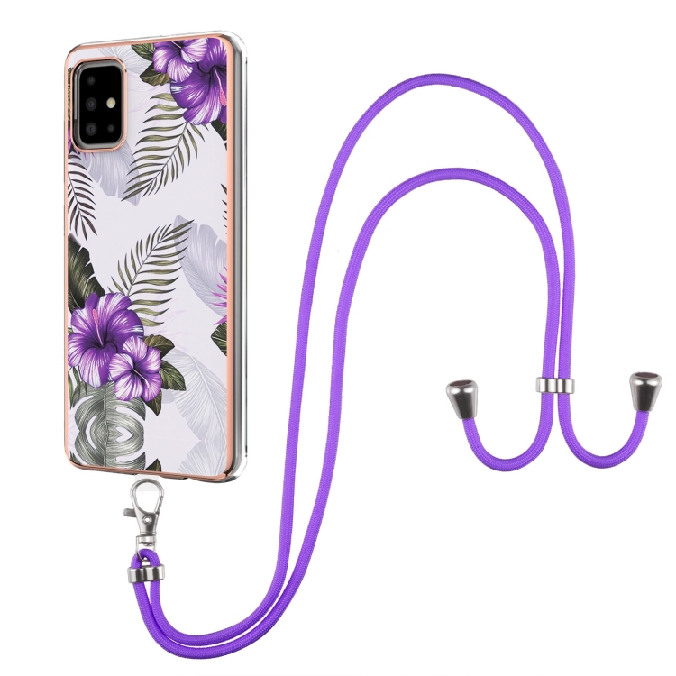 

For Samsung Galaxy A51 Electroplating Pattern IMD TPU Shockproof Case with Neck Lanyard(Purple Flower)